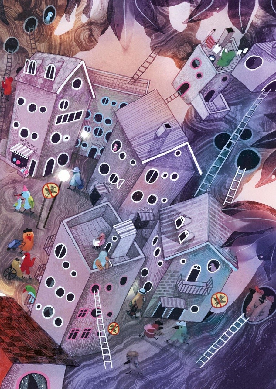 A whimsical illustration depicts a town of crooked houses stacked closely together, connected by ladders and walkways. Small figures move between the buildings in a dreamlike environment with soft colors and organic shapes.