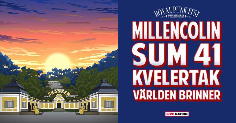 The drawing of the entrance to Skansen with a sun behind it and the name of the event to the right of the drawing.