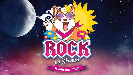 Drawing of a dog in sunglasses and the text "Rock på Skansen".