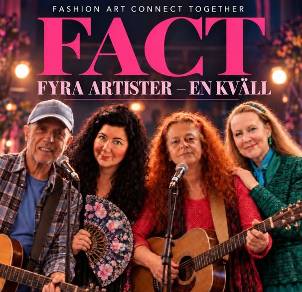A group of four people are performing music outdoors in the evening. They are holding instruments like guitars and microphones and appear happy.