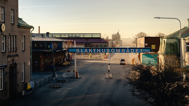 The entrance sign into Slakthusområdet.