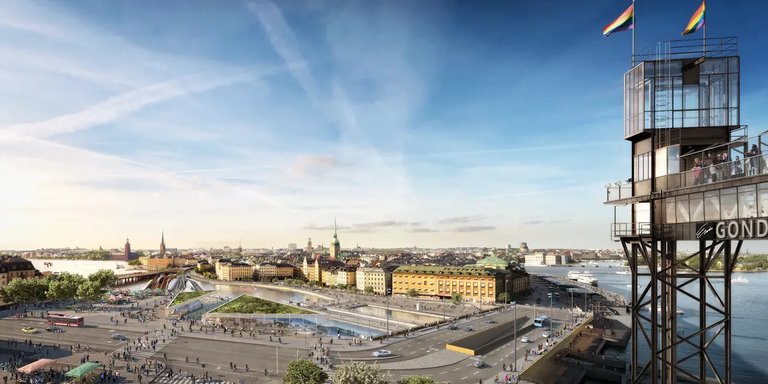 View of Slussen in Stockholm with open public squares, walkways, and water, with Gamla Stan in the background and the Katarina Elevator on the right.