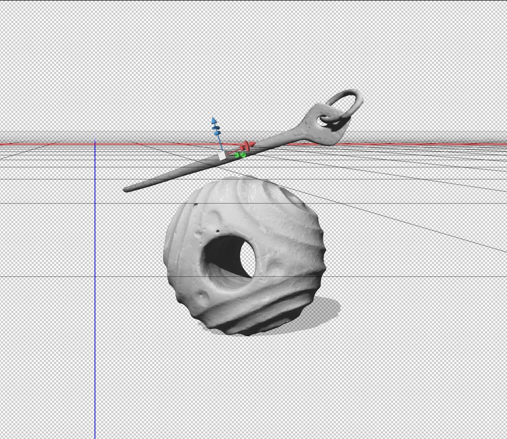 3D render of a ribbed spindle whorl and a loop-eyed needle, with guides visible in the workspace.