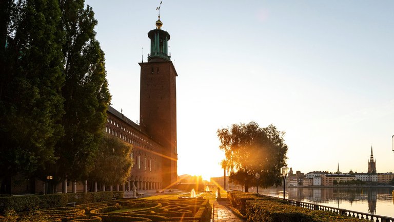 Attractions in Stockholm. Sunrise at the City Hall.