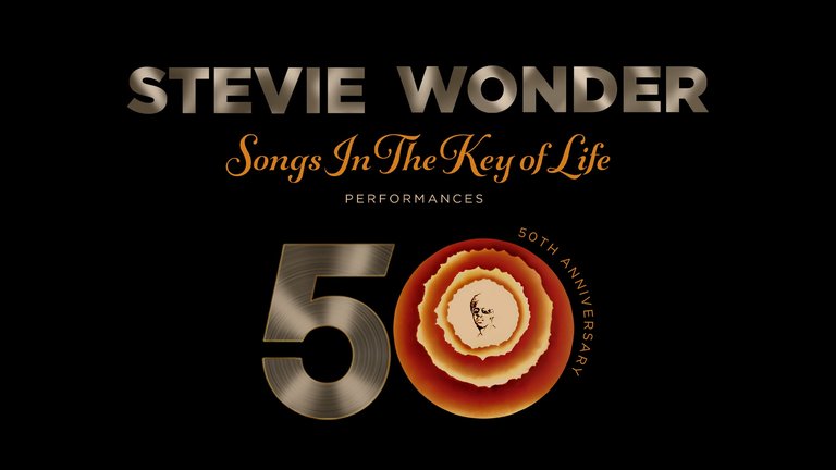 A graphic image for Stevie Wonder's 50th anniversary featuring the text 'Songs In The Key of Life Performances'.