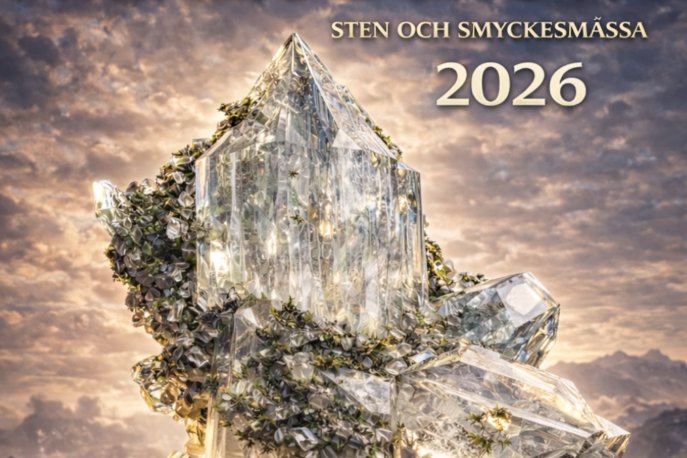 large, sparkling crystals against a dramatic sky. The crystals are the main focus, symbolizing minerals and jewelry. The image conveys an exclusive and atmospheric event.