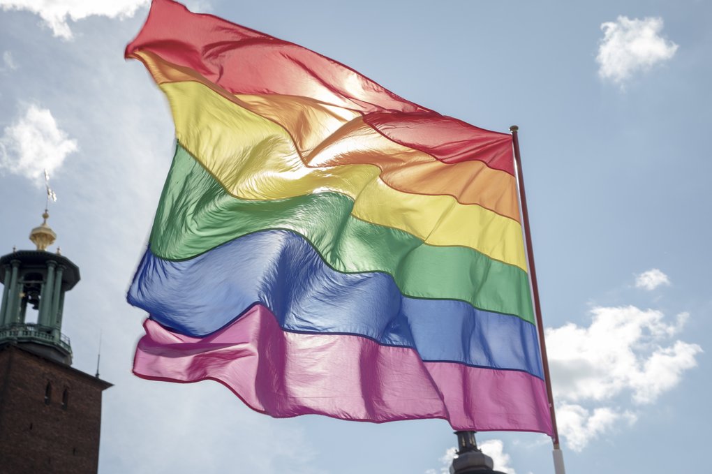 Pride flag and the city hall.