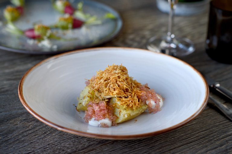 Restaurant meal on a white plate.