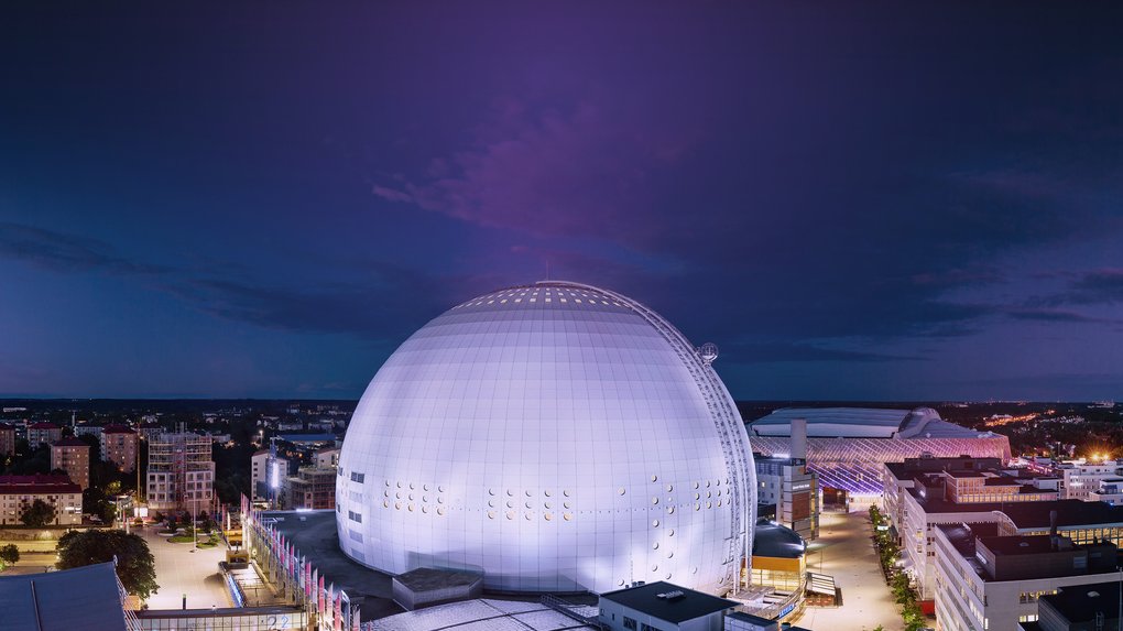 Avicii Arena in Stockholm, the world's largets spherical building. Exterior shot, nigh time.