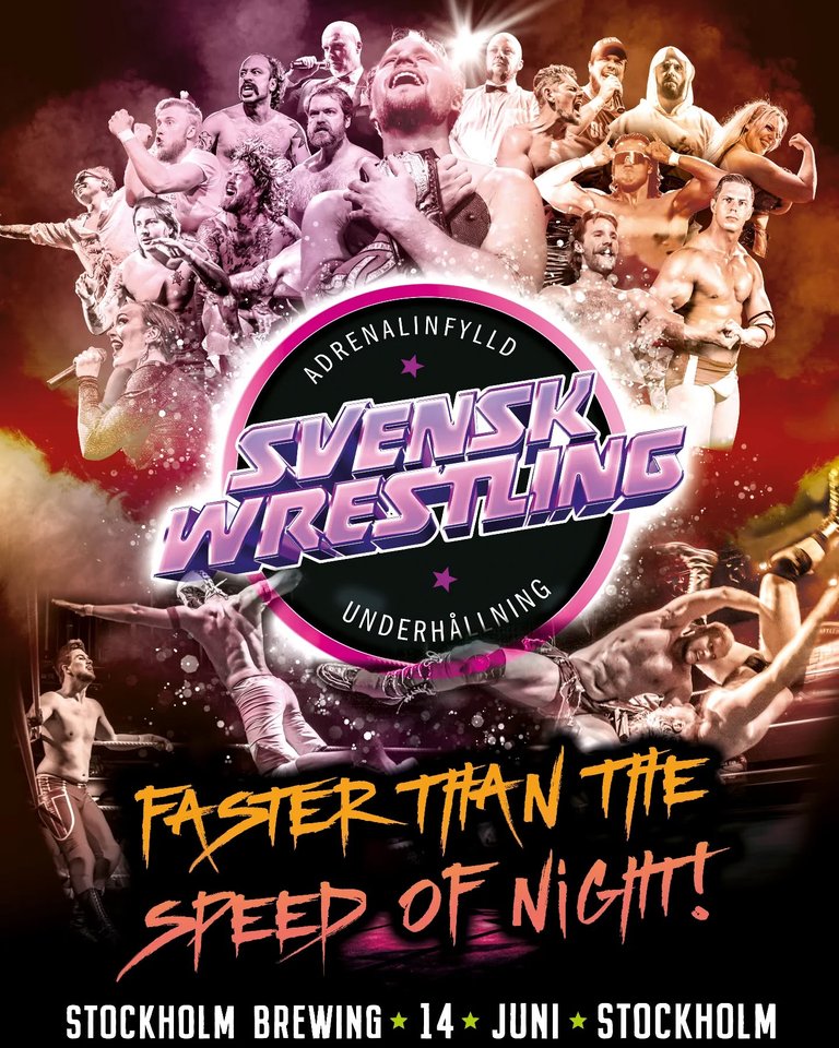 Wrestlers surrounding the event logo, with text displaying venue and time information.
