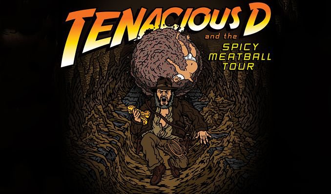 Text "Tenacious D and The Spicy Meatball Tour. Drawing that depicts an adult and a child.