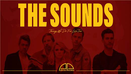 A black-and-red photo of the Sounds posing,