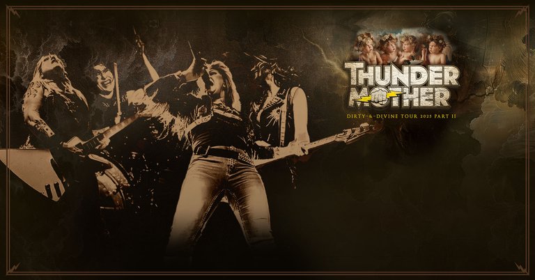 Four women playing rock music against the backdrop of a stylized thunderstorm. On the right, the words "Thundermother dirty & divine tour 2025 part 2"