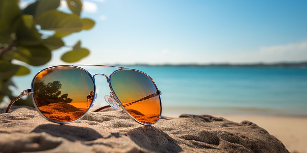 a pair of sunglasses lying on a beach