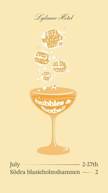 Graphics featuring a champagne glass with the text "Bubbles & Football" and the event dates.
