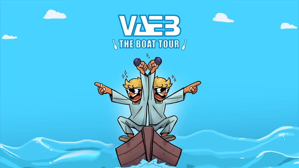 Cartoon of the two members of VÆB, standing on a wooden rowing boat in the middle of the sea. Above them, the words: VÆB - The Boat Tour.