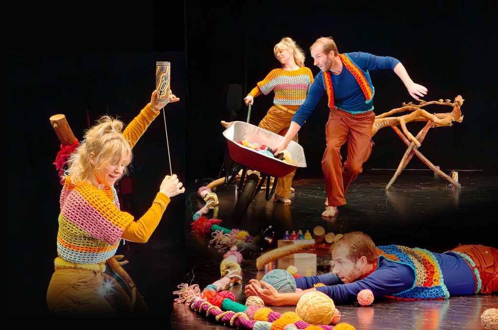 Dancers performing on stage in colorful, playful scenes from the show We Just Do