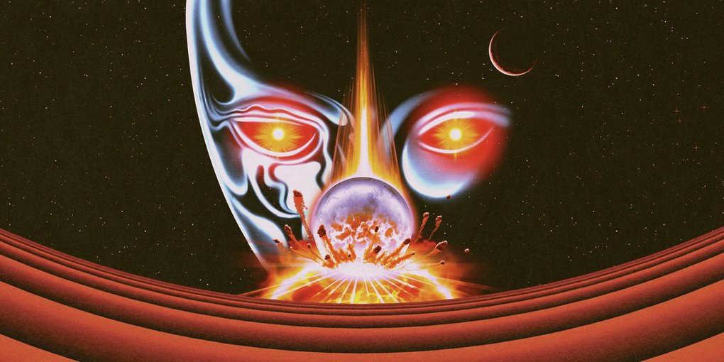 A face of a creature with shining eyes