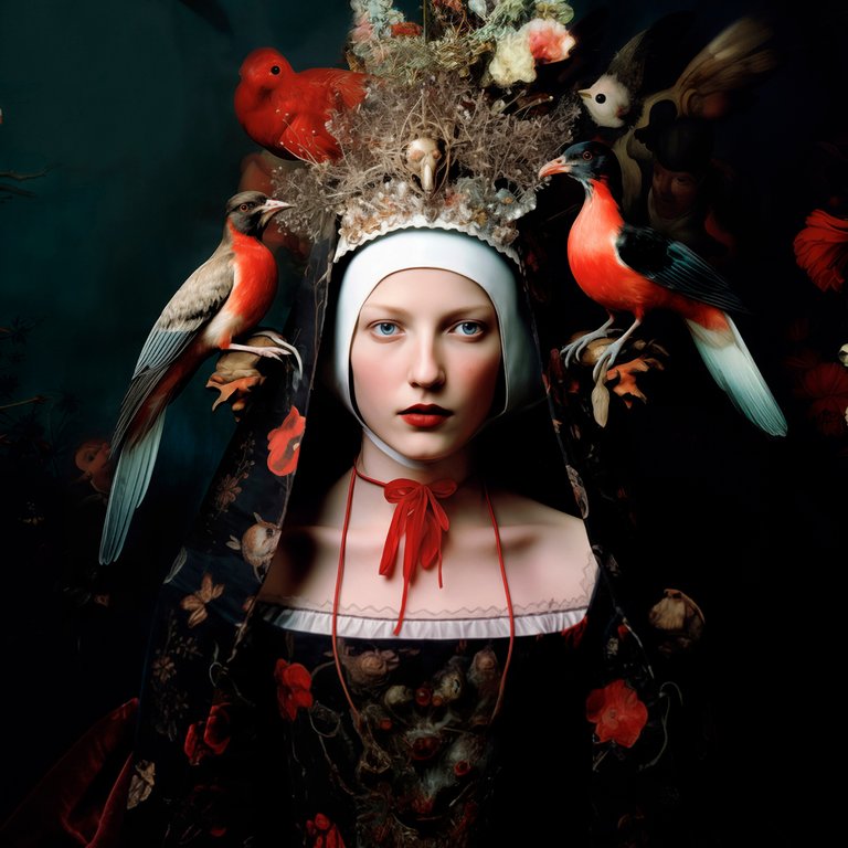 a woman with a crown surrounded with birds and flowers